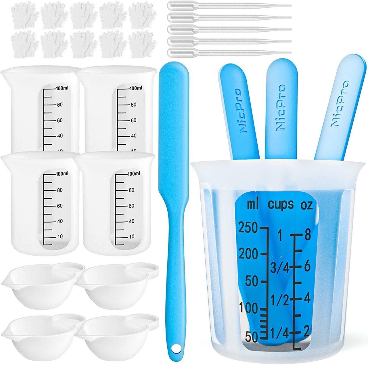 Silicone Resin Measuring Cups Tool Kit- 250 & 100 Ml Measure Cups, Silicone  Popsicle Stir Sticks, Pipettes, Finger Cots for Epoxy Resin Mixing, Molds,  Jewelry Making, Waxing, Easy Clean